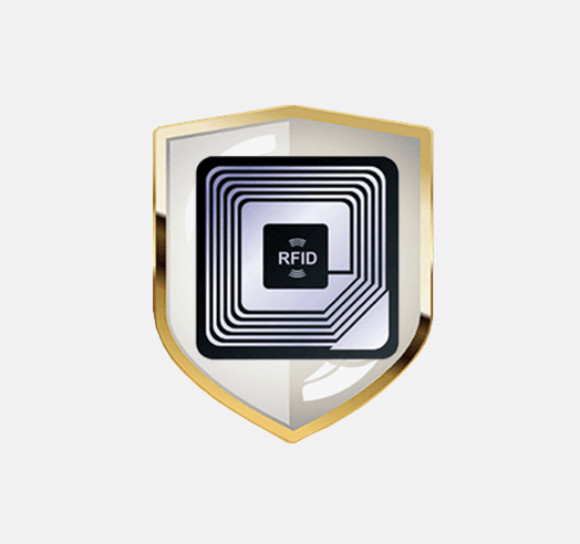 RFID sensor on a shield-shaped gold and silver emblem