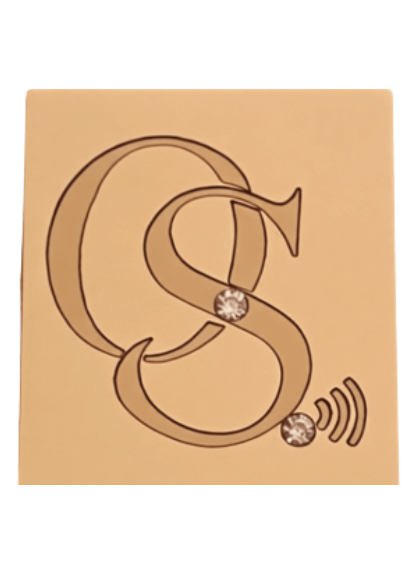 Decorative letter 'S' with a diamond and wireless signal icon on a beige background