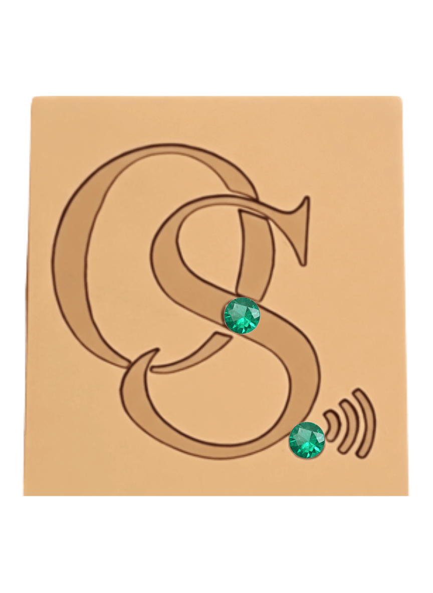 Decorative letter 'S' with green gemstones and a sound wave symbol on a beige background