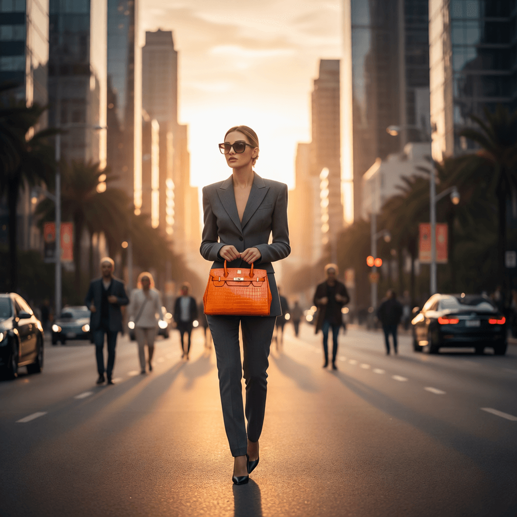 Elegant orange handmade Italian leather tote with RFID smart tag, blockchain-certified authenticity and customizable gemstone details