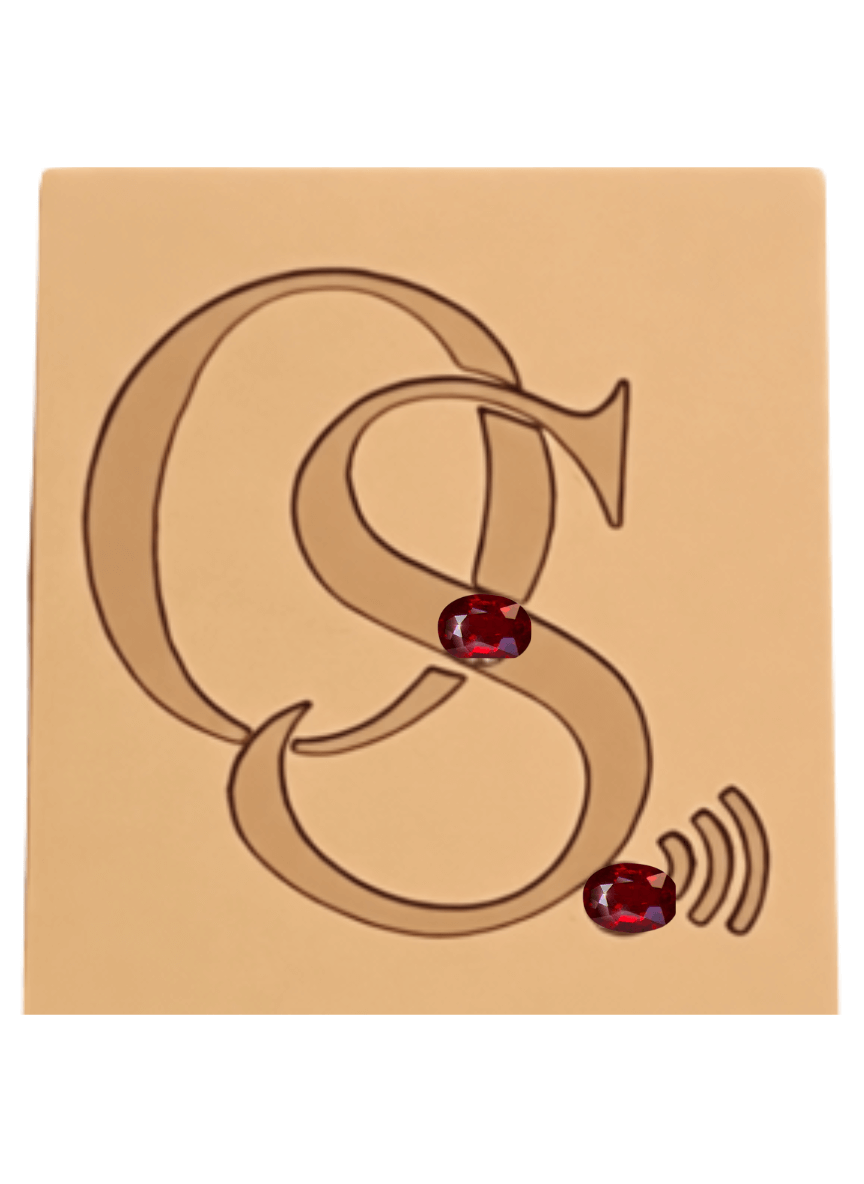 Decorative letter 'S' with red gemstones and sound wave symbol on a beige background